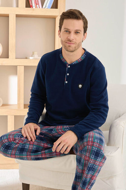 Pijaman Erkek Pijama Takımı Uzun Kollu Üç Düğme Polar Alt Ekose