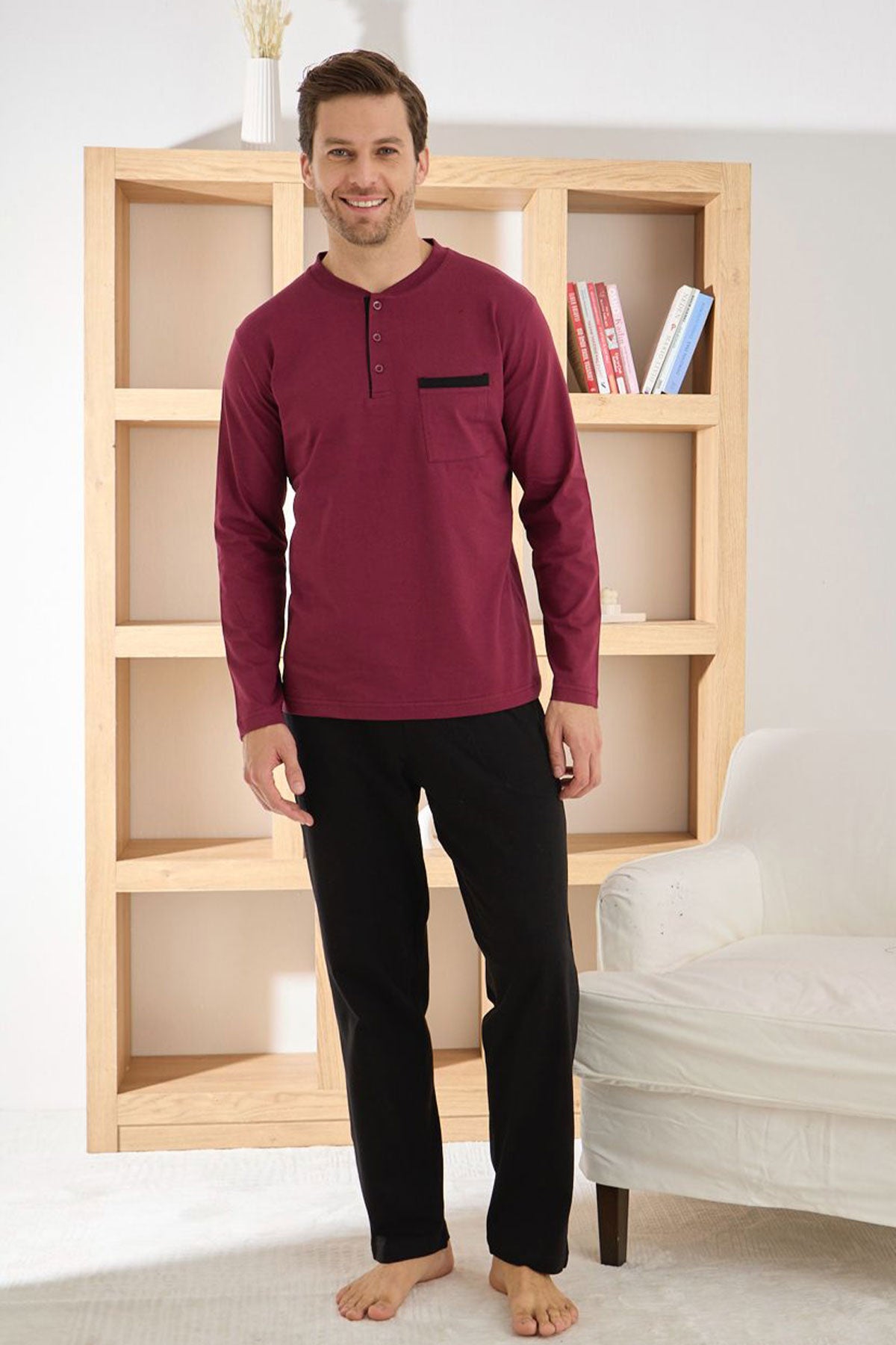 Pijaman Erkek Pijama Takımı Uzun Kollu Yaka Cepli Düğmeli Pamuklu