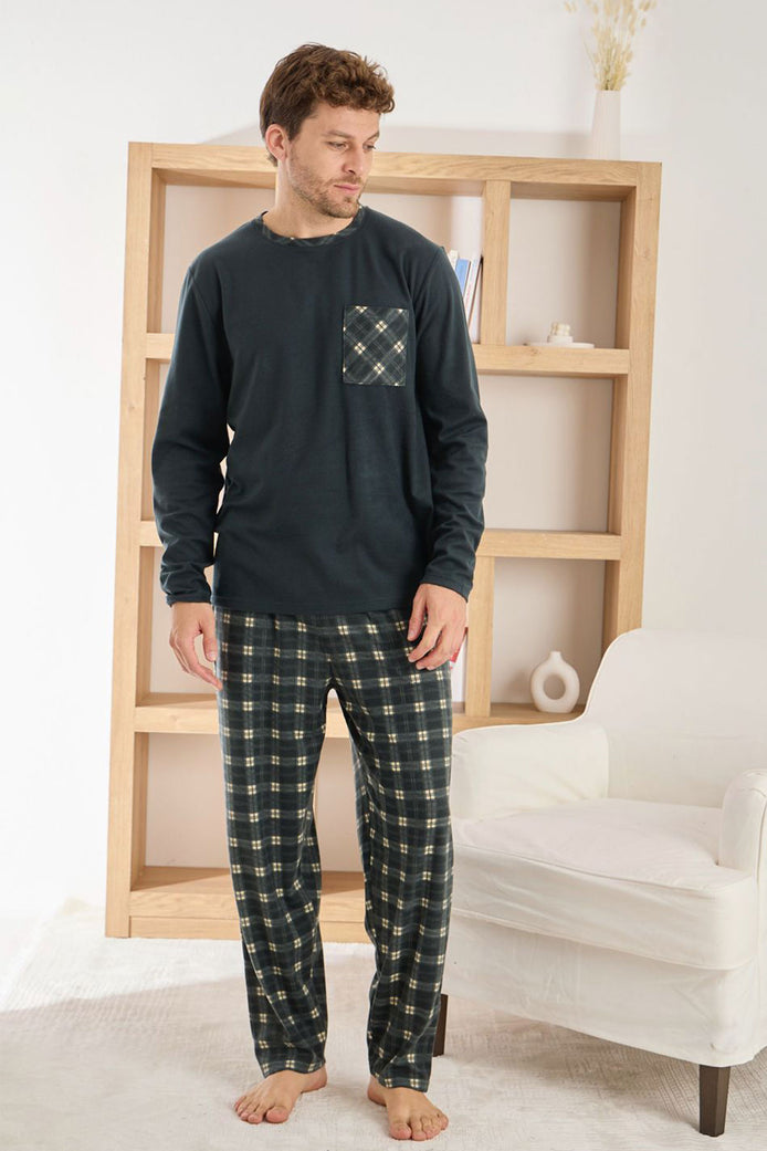 Pijaman Erkek Pijama Takımı Uzun Kollu Yaka Cepli Microsfot Alt Ekose Desenli