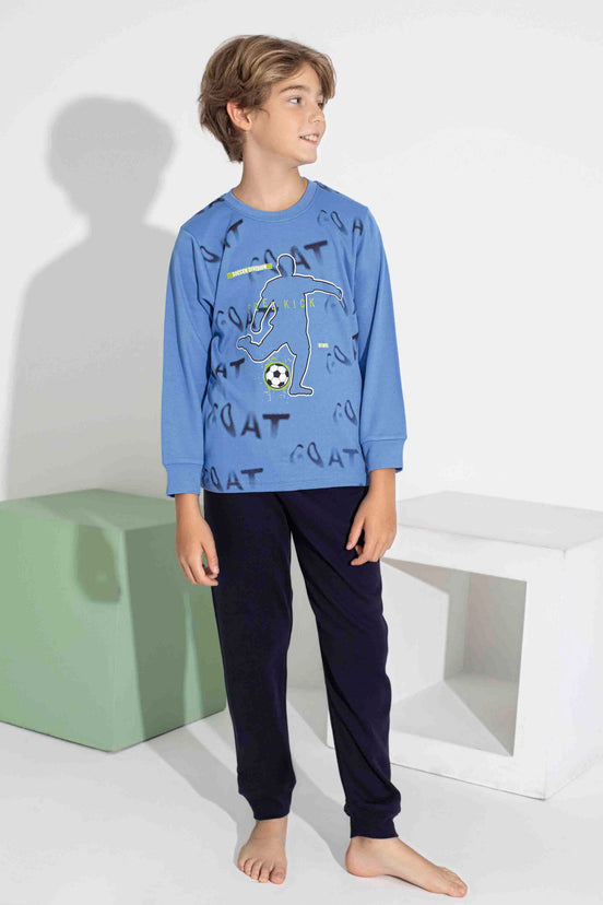 Pijamax Erkek Garson Pijama Takımı Uzun Kollu Futbol Baskılı İnterlok Paça Manşetli