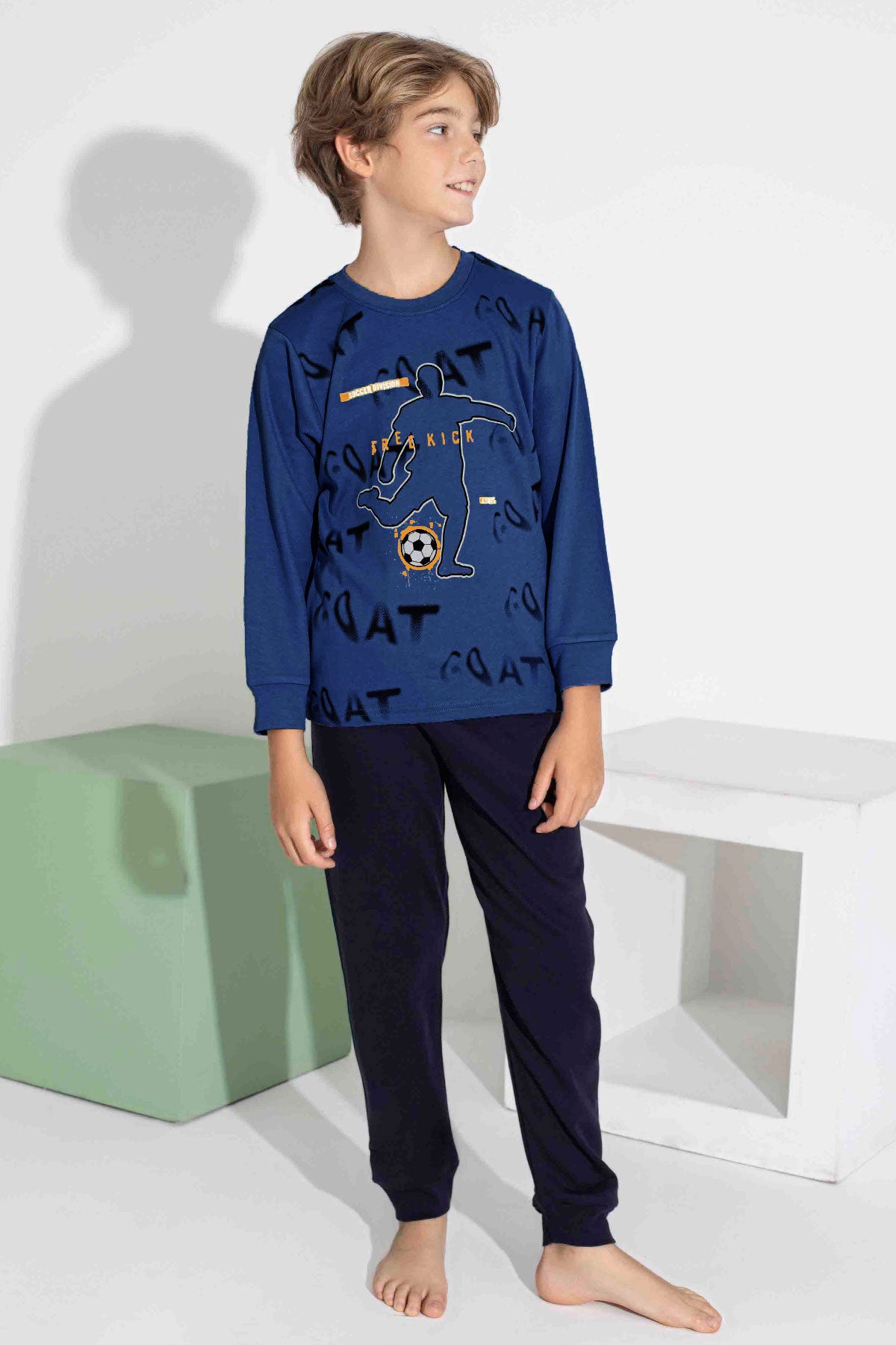 Pijamax Erkek Garson Pijama Takımı Uzun Kollu Futbol Baskılı İnterlok Paça Manşetli