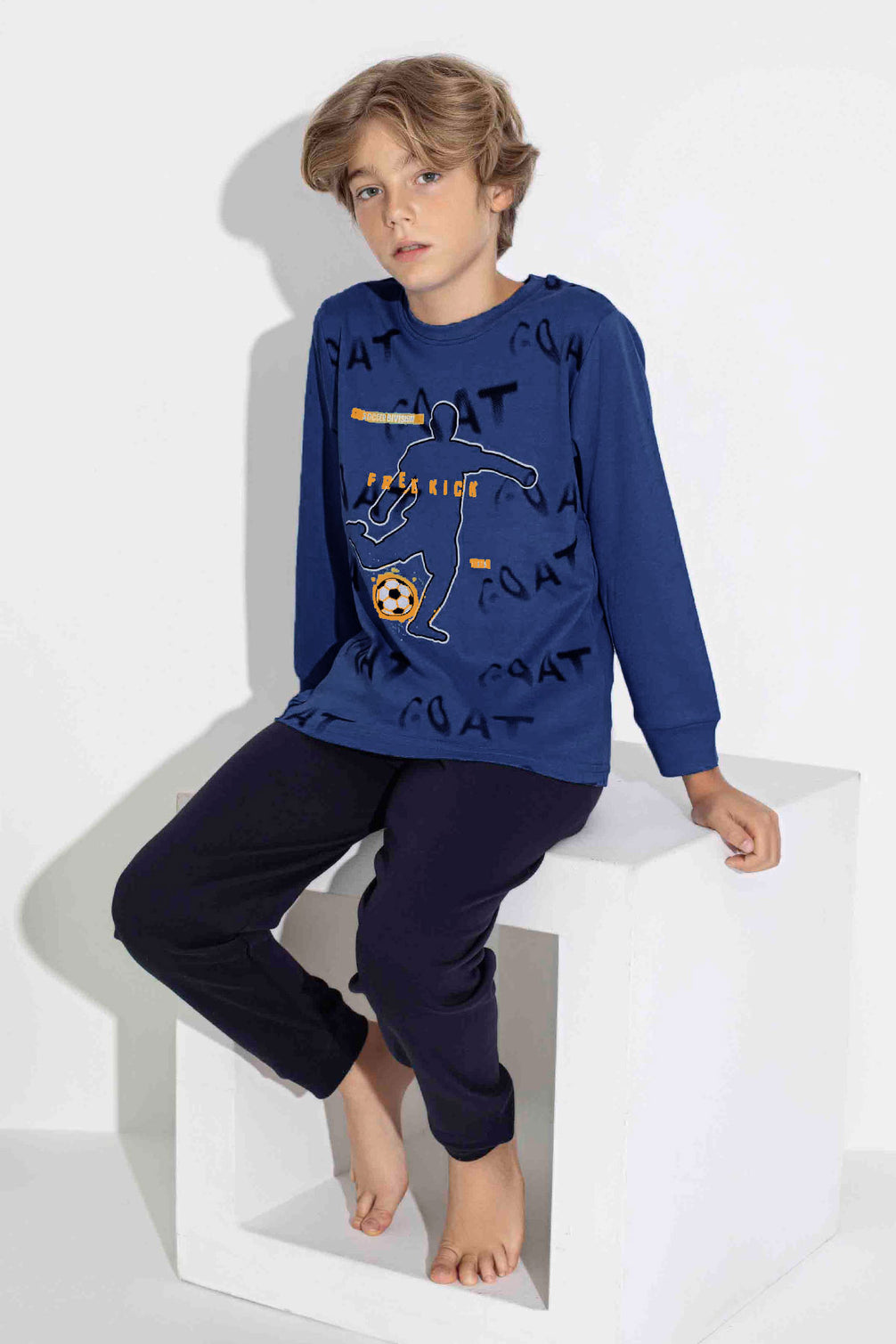 Pijamax Erkek Garson Pijama Takımı Uzun Kollu Futbol Baskılı İnterlok Paça Manşetli