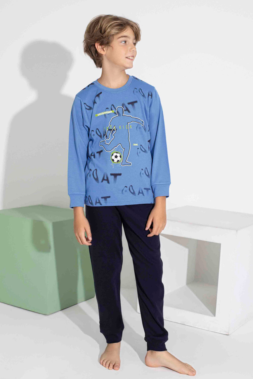 Pijamax Erkek Garson Pijama Takımı Uzun Kollu Futbol Baskılı İnterlok Paça Manşetli
