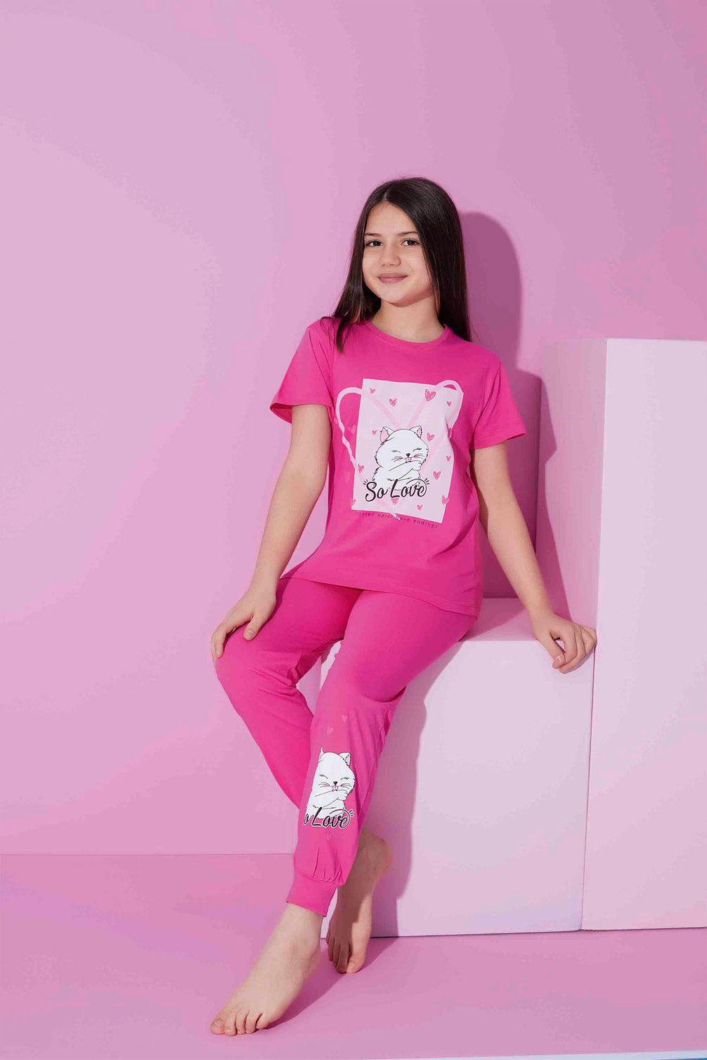 Pijamax Kız Çocuk Pijama Takımı Kısa Kollu Kedi Baskılı