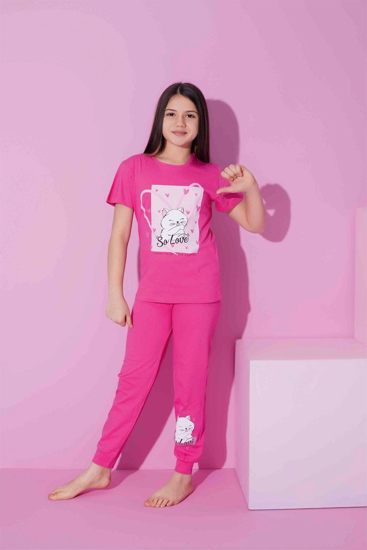 Pijamax Kız Çocuk Pijama Takımı Kısa Kollu Kedi Baskılı