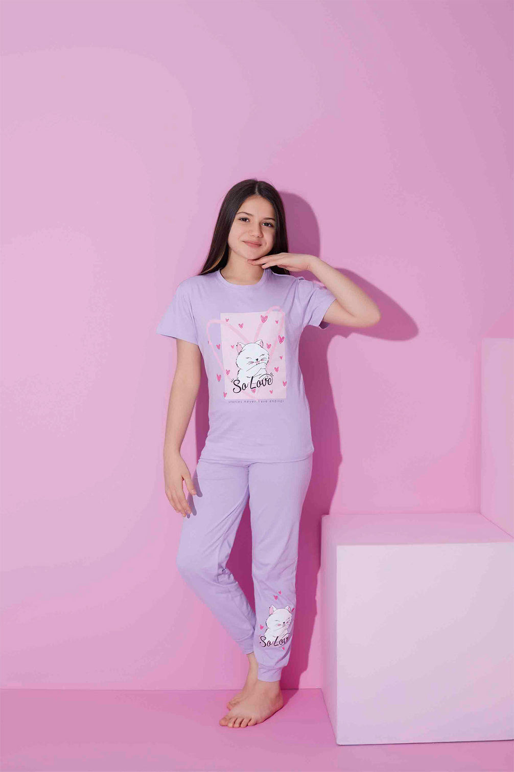 Pijamax Kız Çocuk Pijama Takımı Kısa Kollu Kedi Baskılı