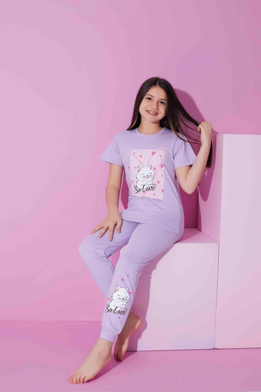 Pijamax Kız Çocuk Pijama Takımı Kısa Kollu Kedi Baskılı
