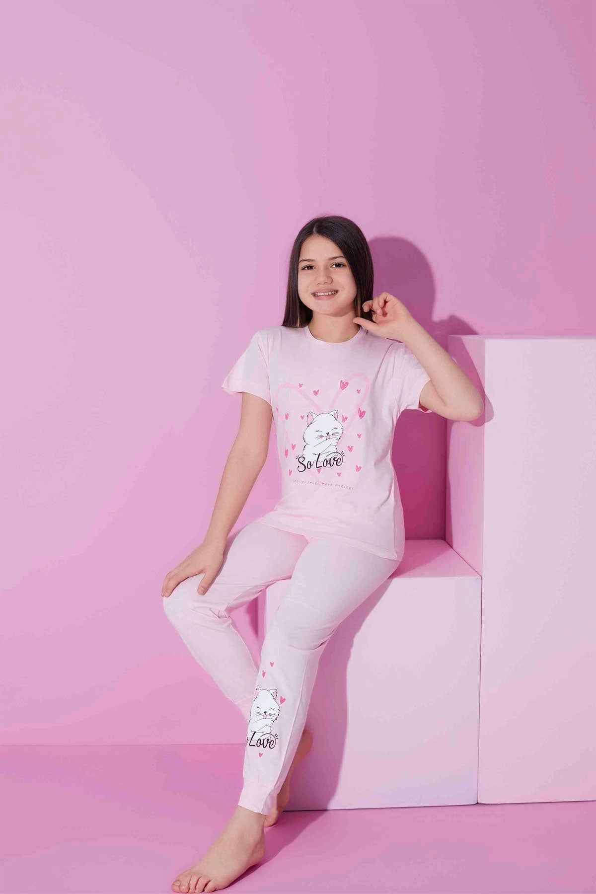 Pijamax Kız Çocuk Pijama Takımı Kısa Kollu Kedi Baskılı