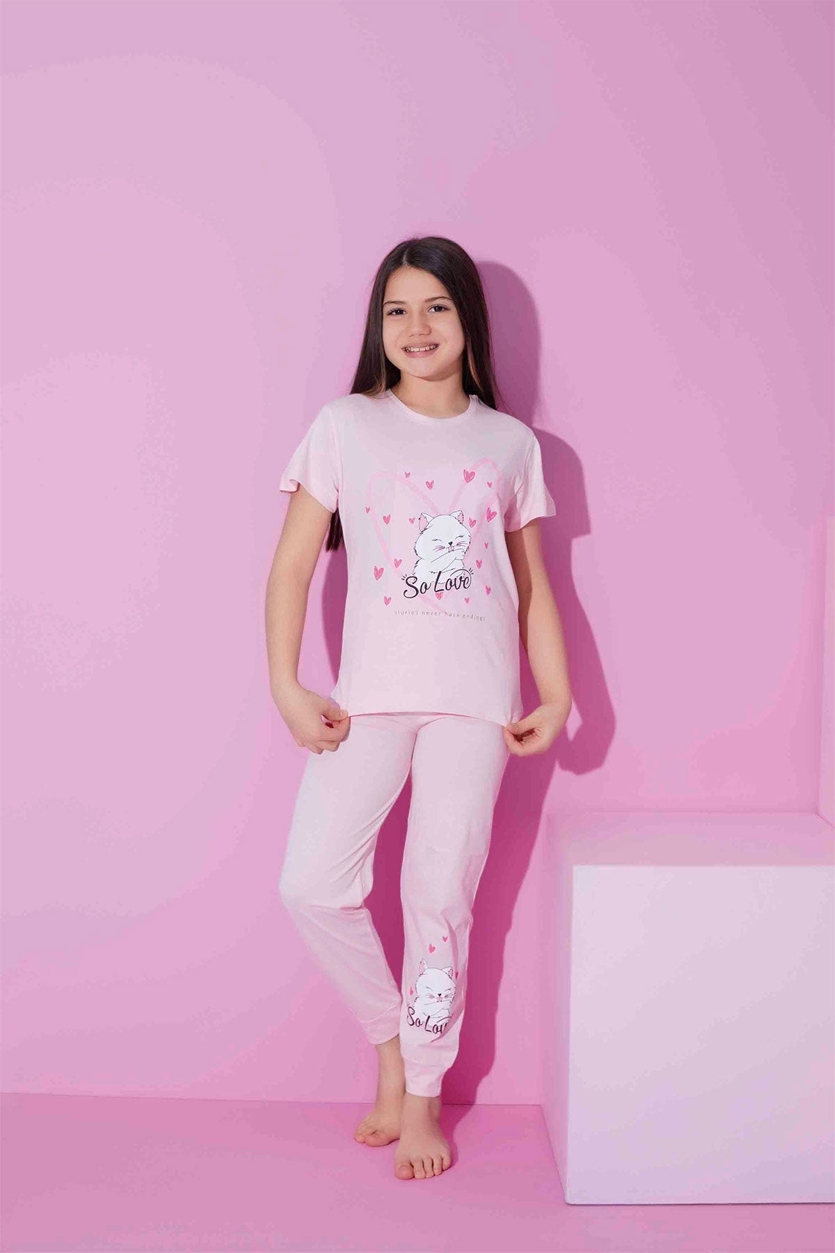 Pijamax Kız Çocuk Pijama Takımı Kısa Kollu Kedi Baskılı