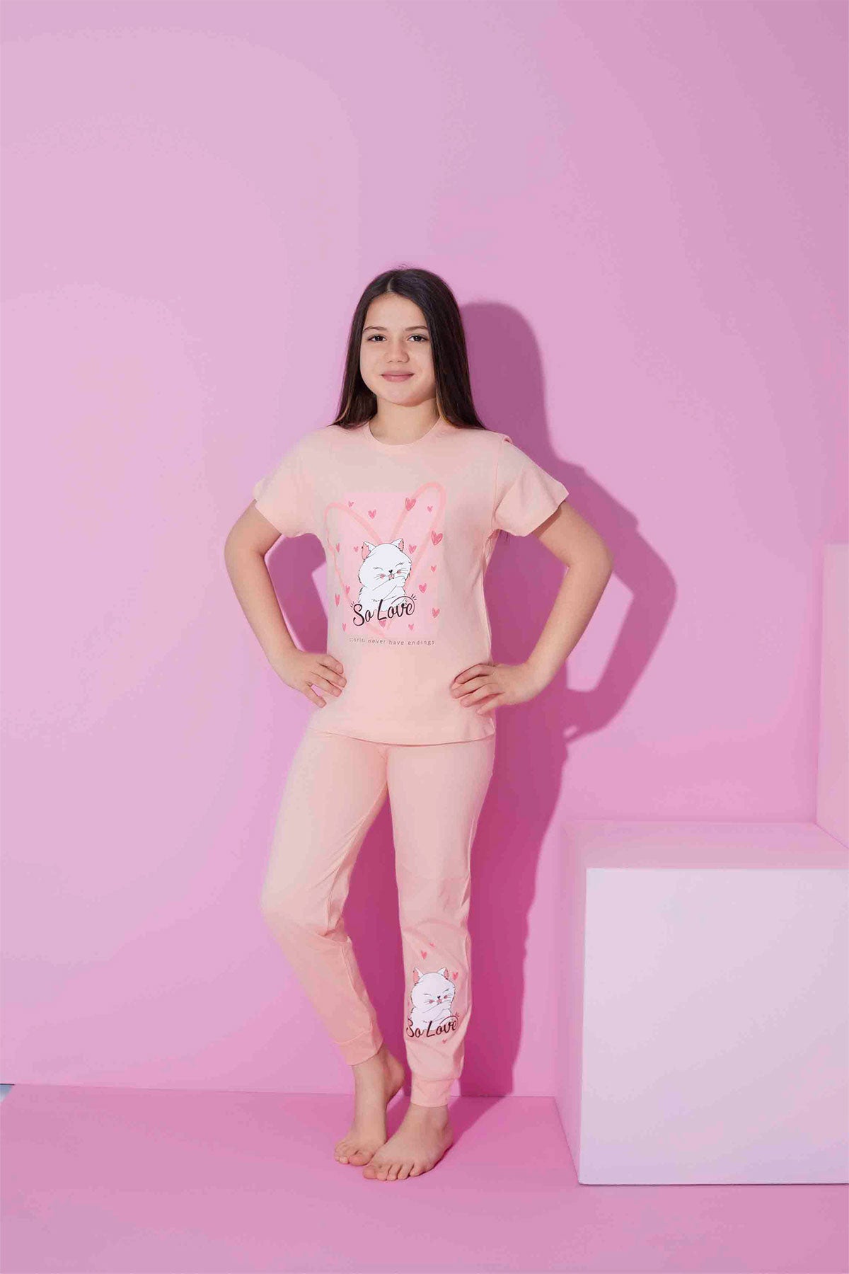 Pijamax Kız Çocuk Pijama Takımı Kısa Kollu Kedi Baskılı