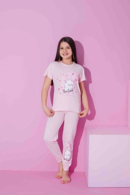 Pijamax Kız Çocuk Pijama Takımı Kısa Kollu Kedi Baskılı