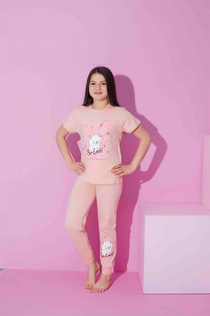 Pijamax Kız Çocuk Pijama Takımı Kısa Kollu Kedi Baskılı