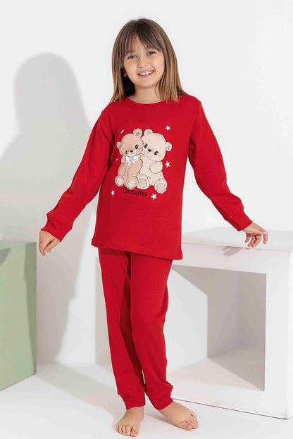 Pijamax Kız Çocuk Pijama Takımı Uzun Kollu Ayıcık Baskılı İnterlok Paça Manşetli