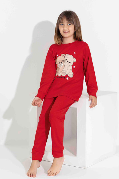 Pijamax Kız Çocuk Pijama Takımı Uzun Kollu Ayıcık Baskılı İnterlok Paça Manşetli
