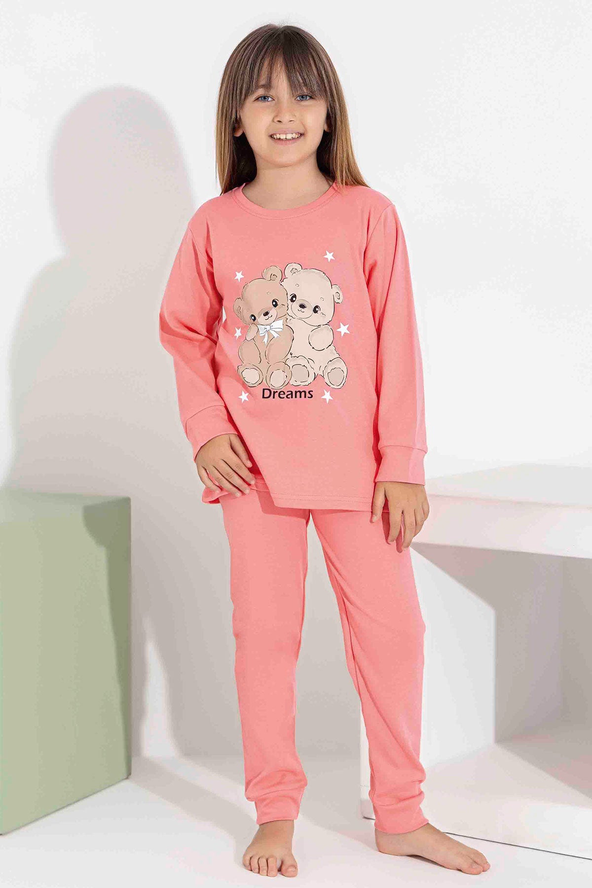 Pijamax Kız Çocuk Pijama Takımı Uzun Kollu Ayıcık Baskılı İnterlok Paça Manşetli