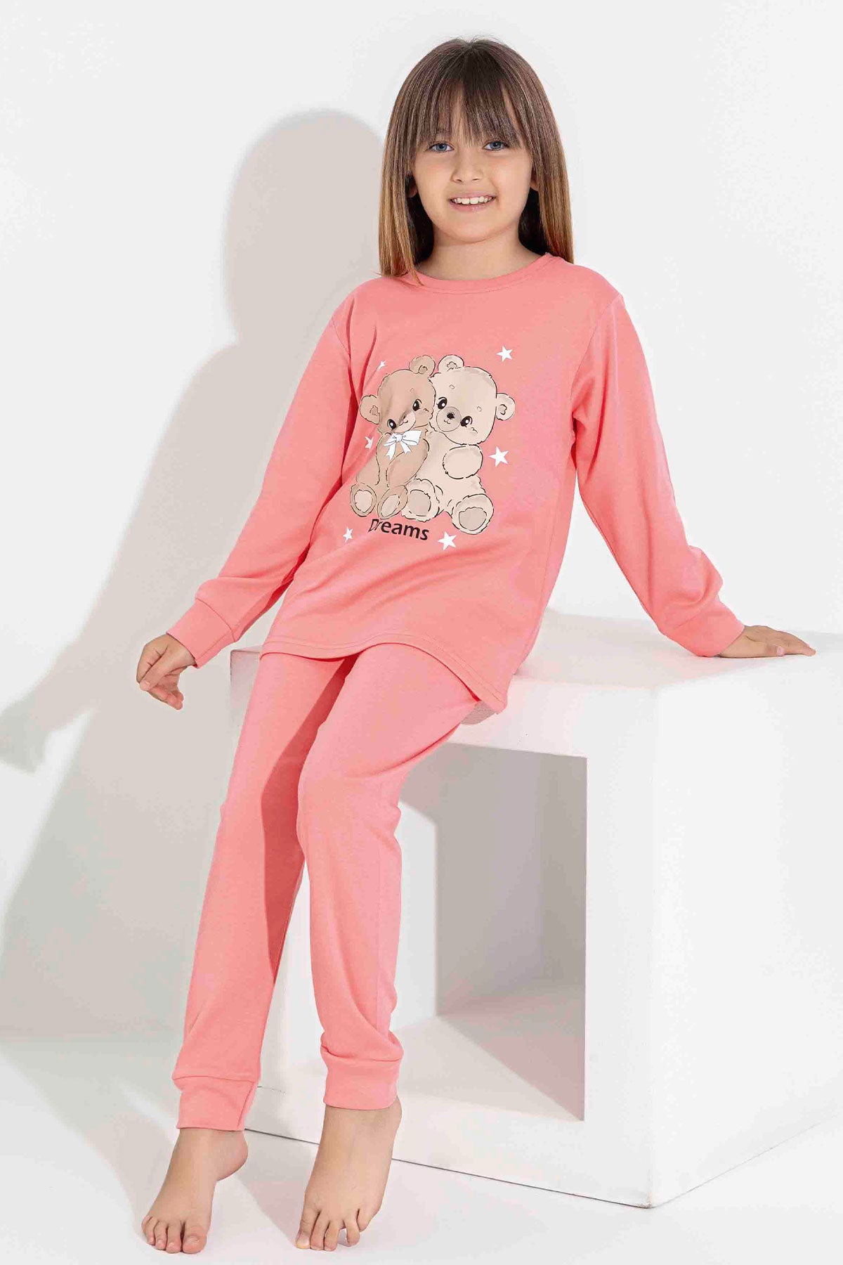 Pijamax Kız Çocuk Pijama Takımı Uzun Kollu Ayıcık Baskılı İnterlok Paça Manşetli