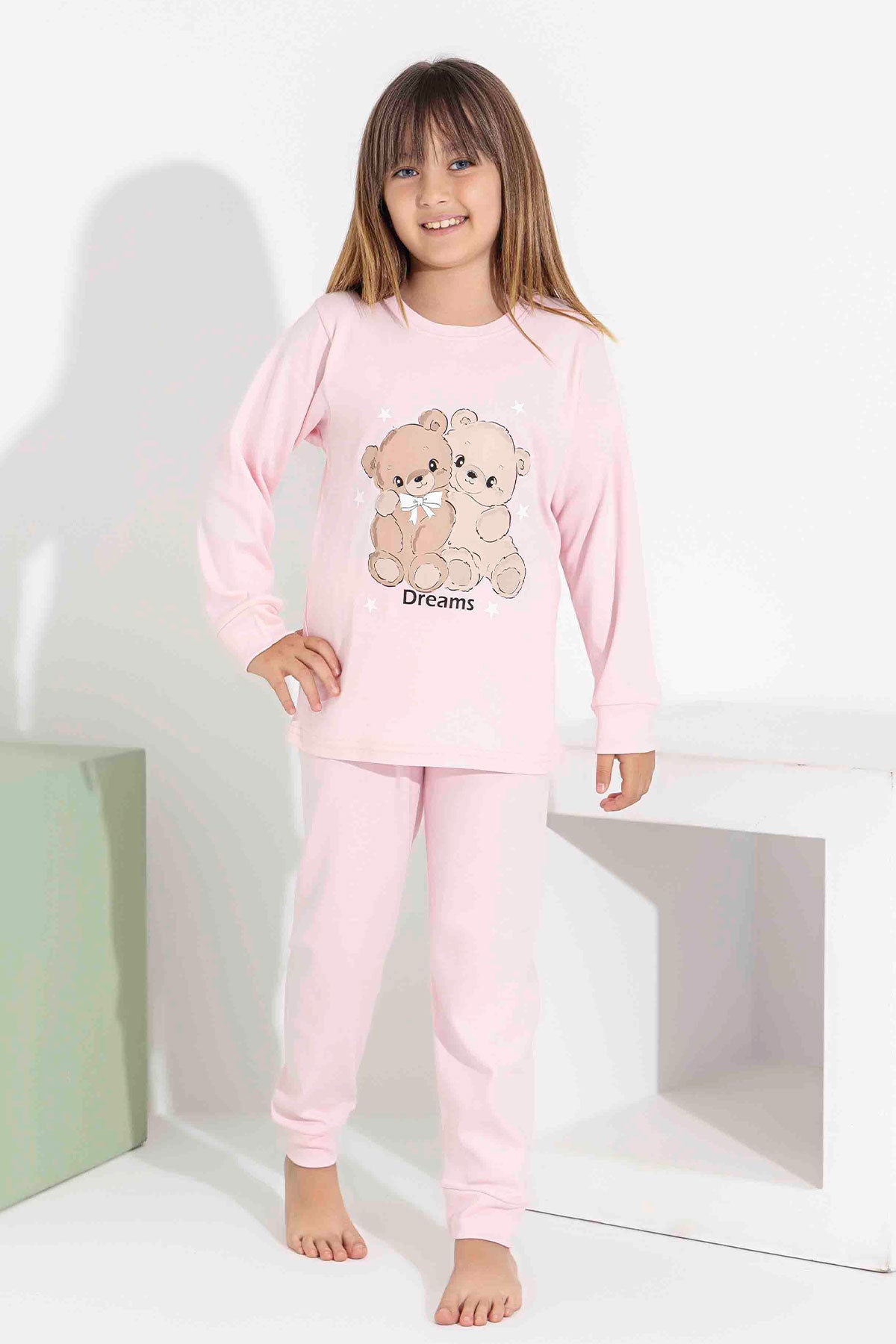 Pijamax Kız Çocuk Pijama Takımı Uzun Kollu Ayıcık Baskılı İnterlok Paça Manşetli