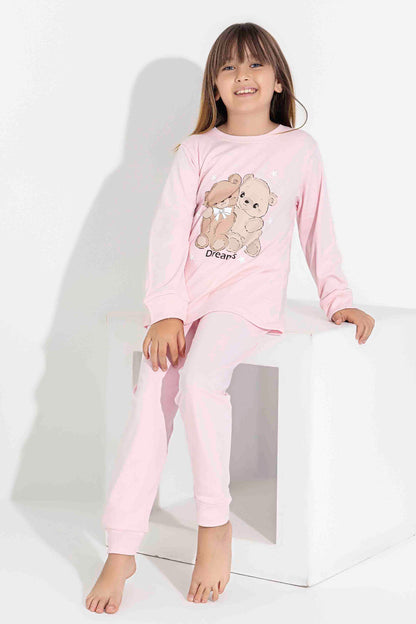 Pijamax Kız Çocuk Pijama Takımı Uzun Kollu Ayıcık Baskılı İnterlok Paça Manşetli