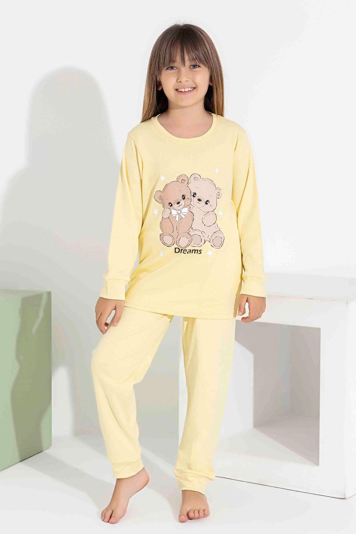 Pijamax Kız Çocuk Pijama Takımı Uzun Kollu Ayıcık Baskılı İnterlok Paça Manşetli