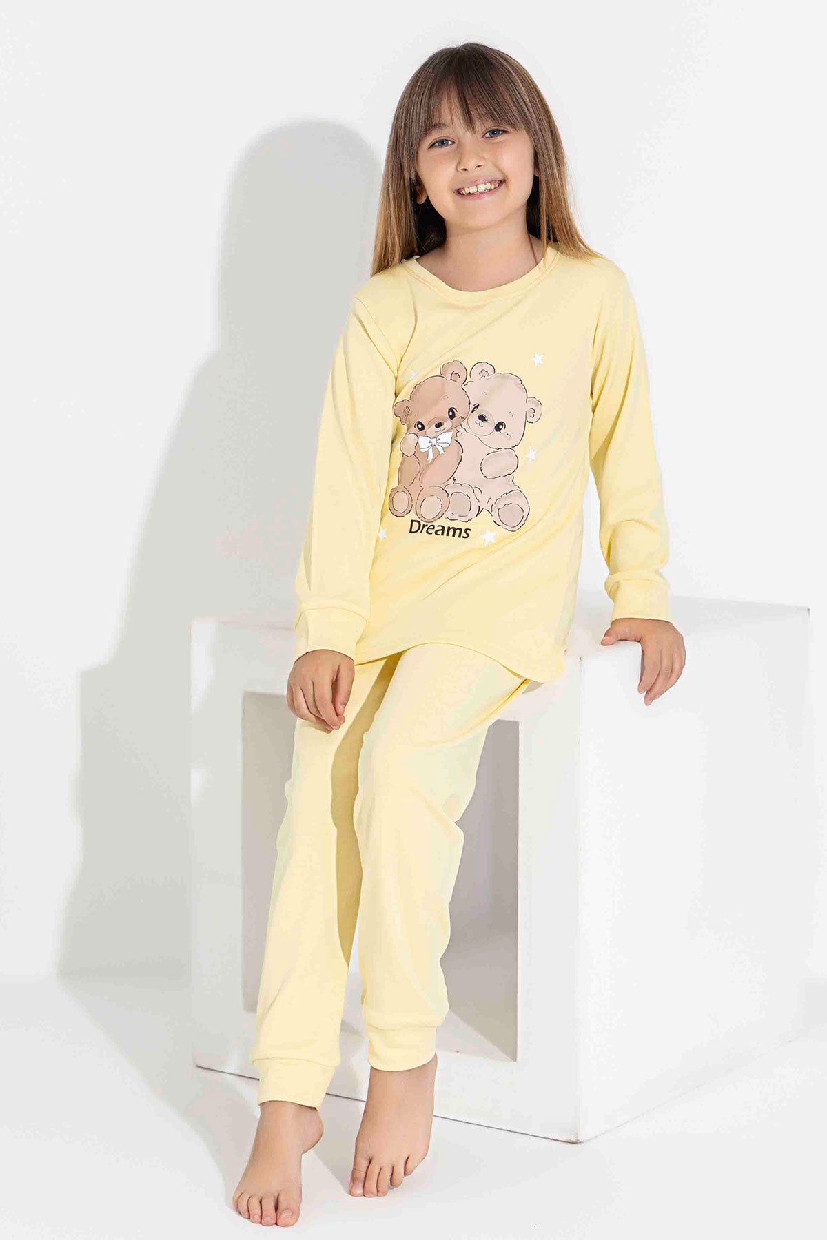 Pijamax Kız Çocuk Pijama Takımı Uzun Kollu Ayıcık Baskılı İnterlok Paça Manşetli