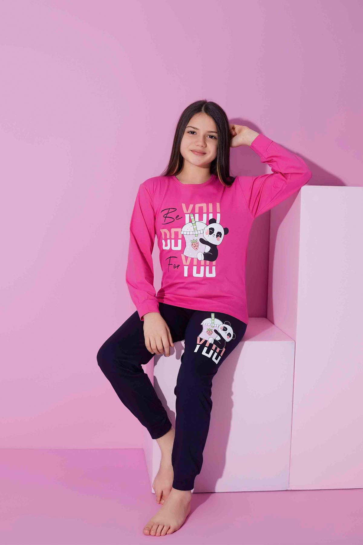 Pijamax Kız Çocuk Pijama Takımı Uzun Kollu Baskılı Panda