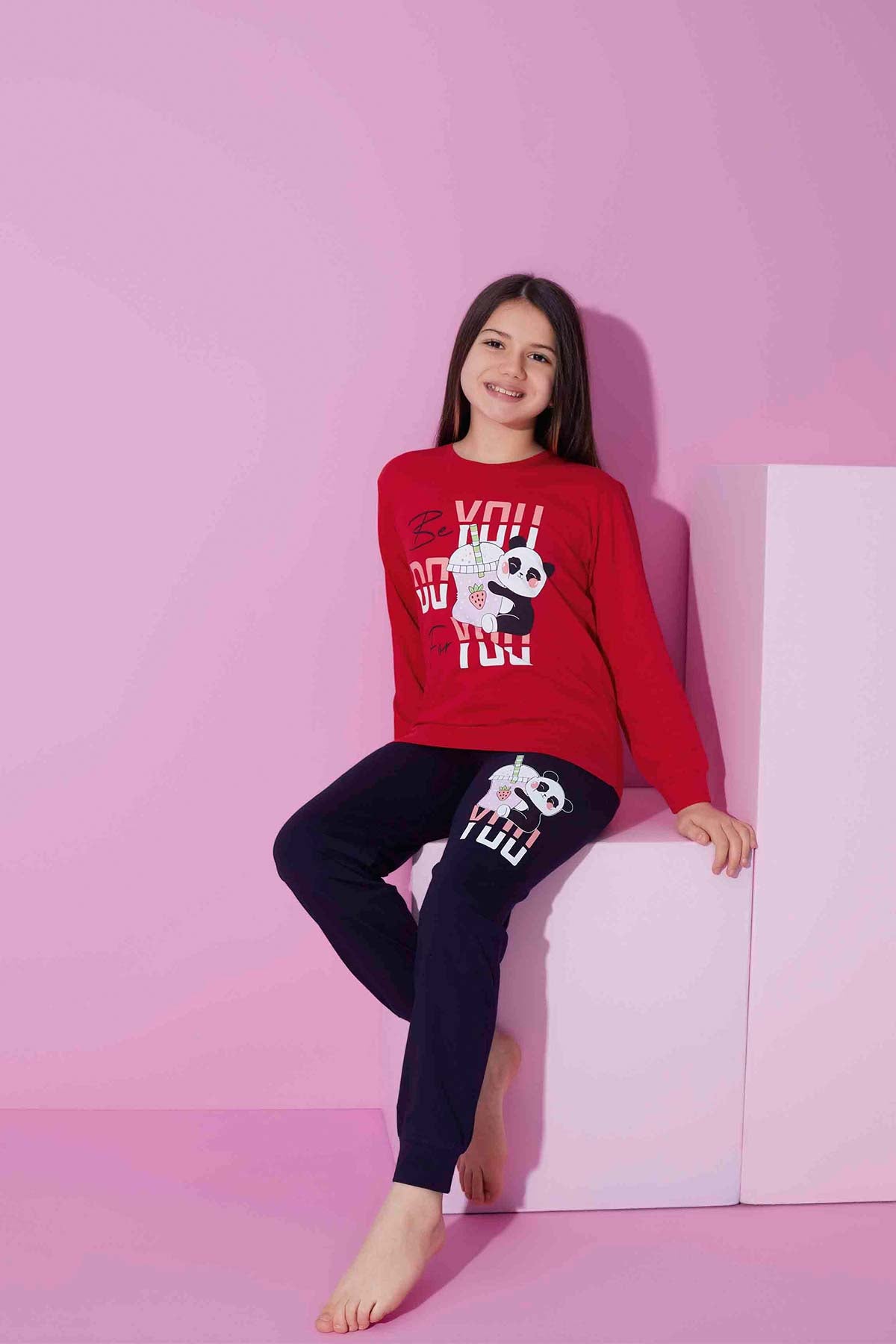 Pijamax Kız Çocuk Pijama Takımı Uzun Kollu Baskılı Panda