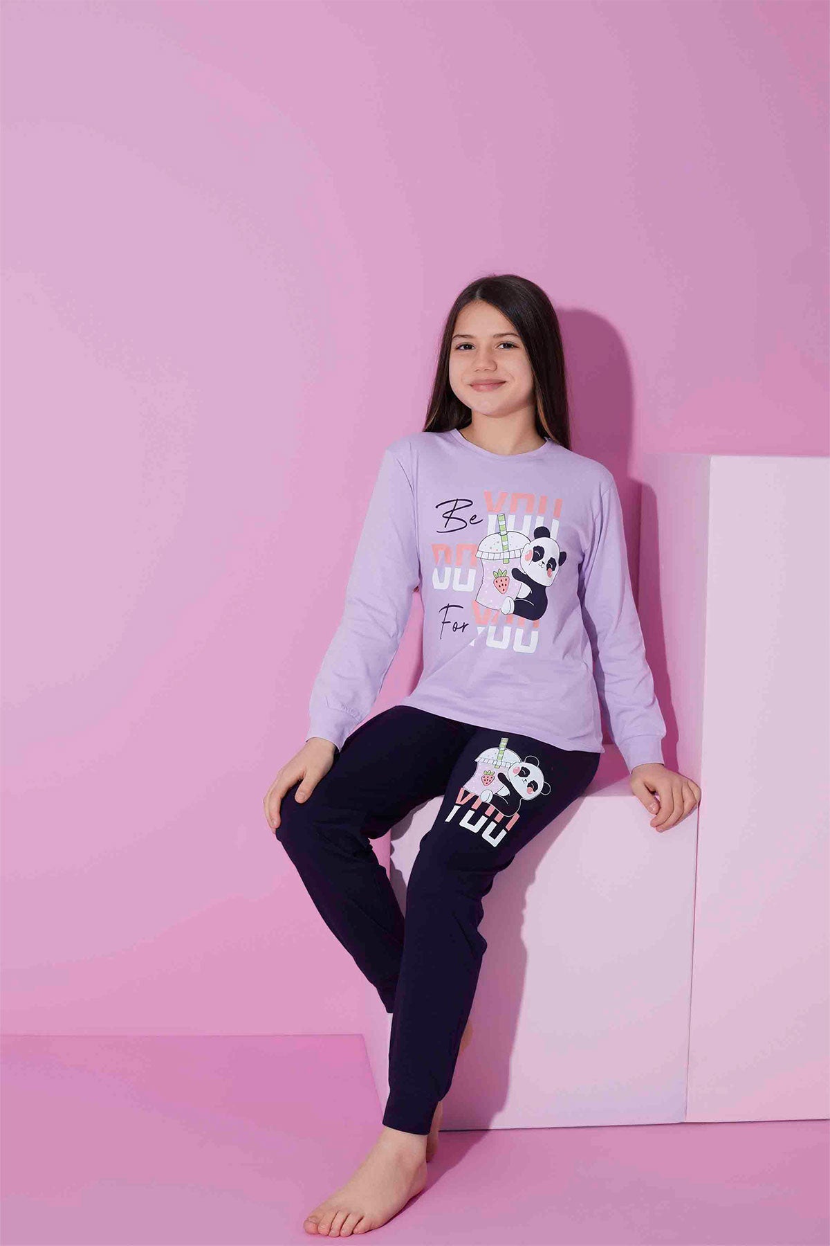 Pijamax Kız Çocuk Pijama Takımı Uzun Kollu Baskılı Panda