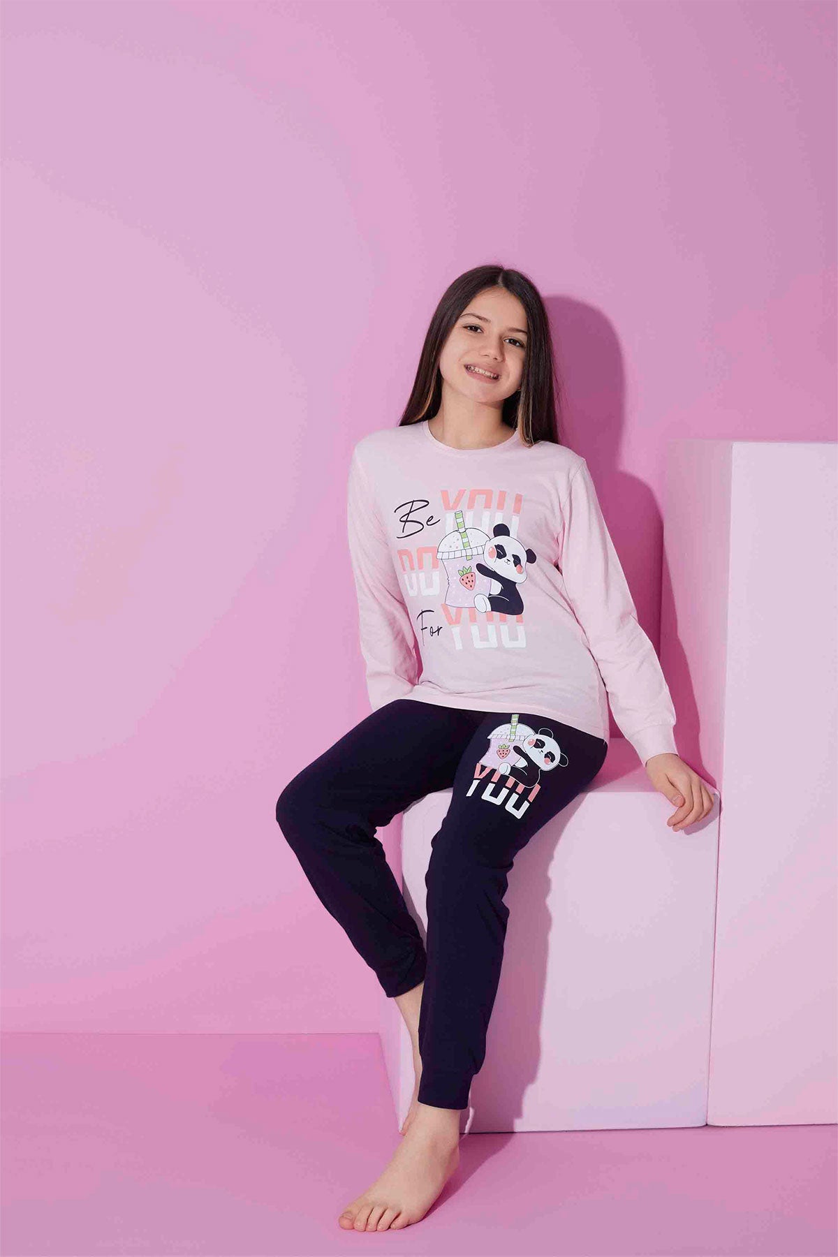 Pijamax Kız Çocuk Pijama Takımı Uzun Kollu Baskılı Panda
