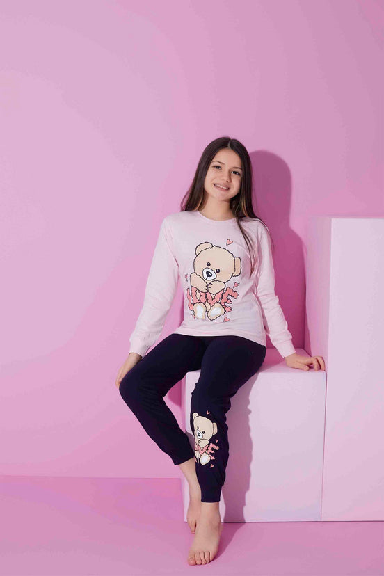 Pijamax Kız Çocuk Pijama Takımı Uzun Kollu Love Ayıcık Baskılı