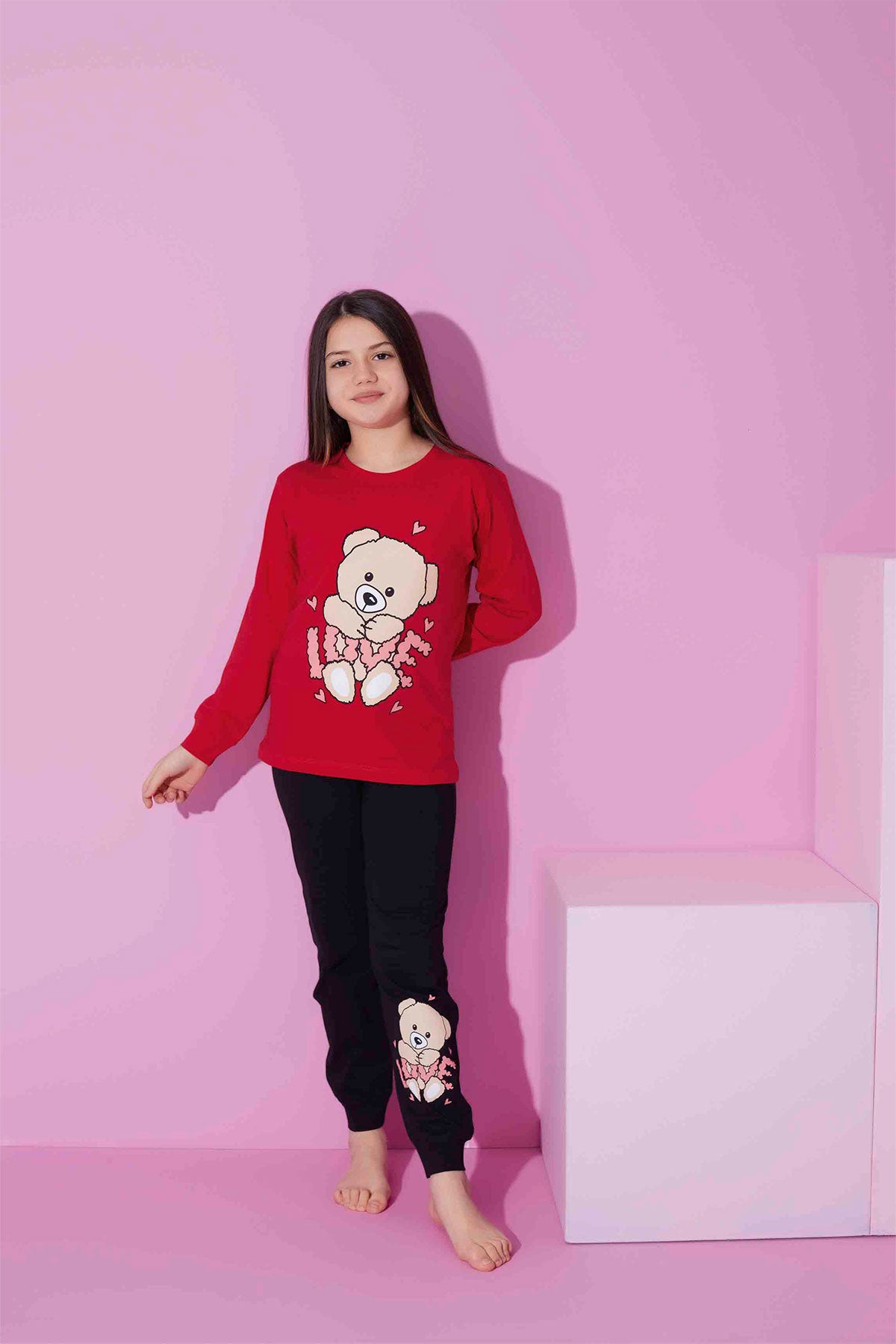 Pijamax Kız Çocuk Pijama Takımı Uzun Kollu Love Ayıcık Baskılı