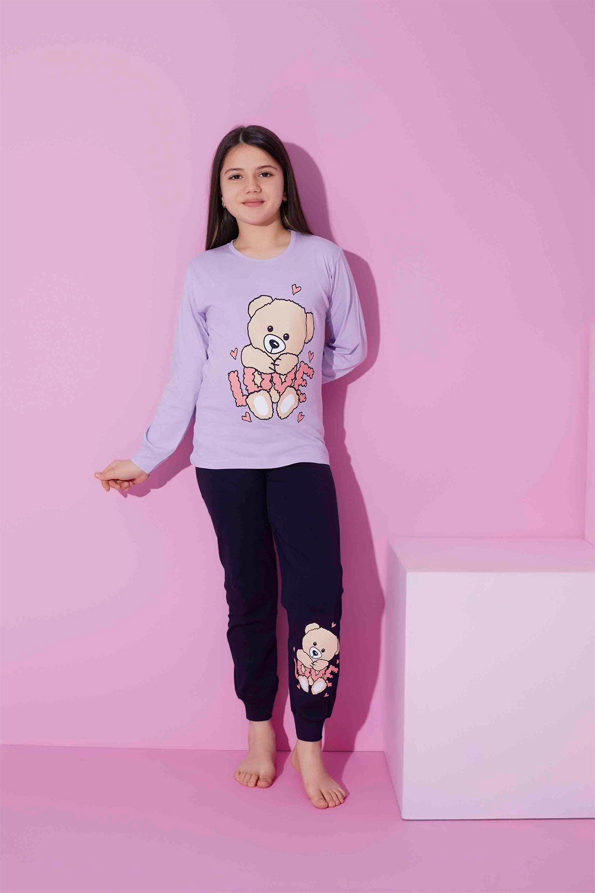 Pijamax Kız Çocuk Pijama Takımı Uzun Kollu Love Ayıcık Baskılı