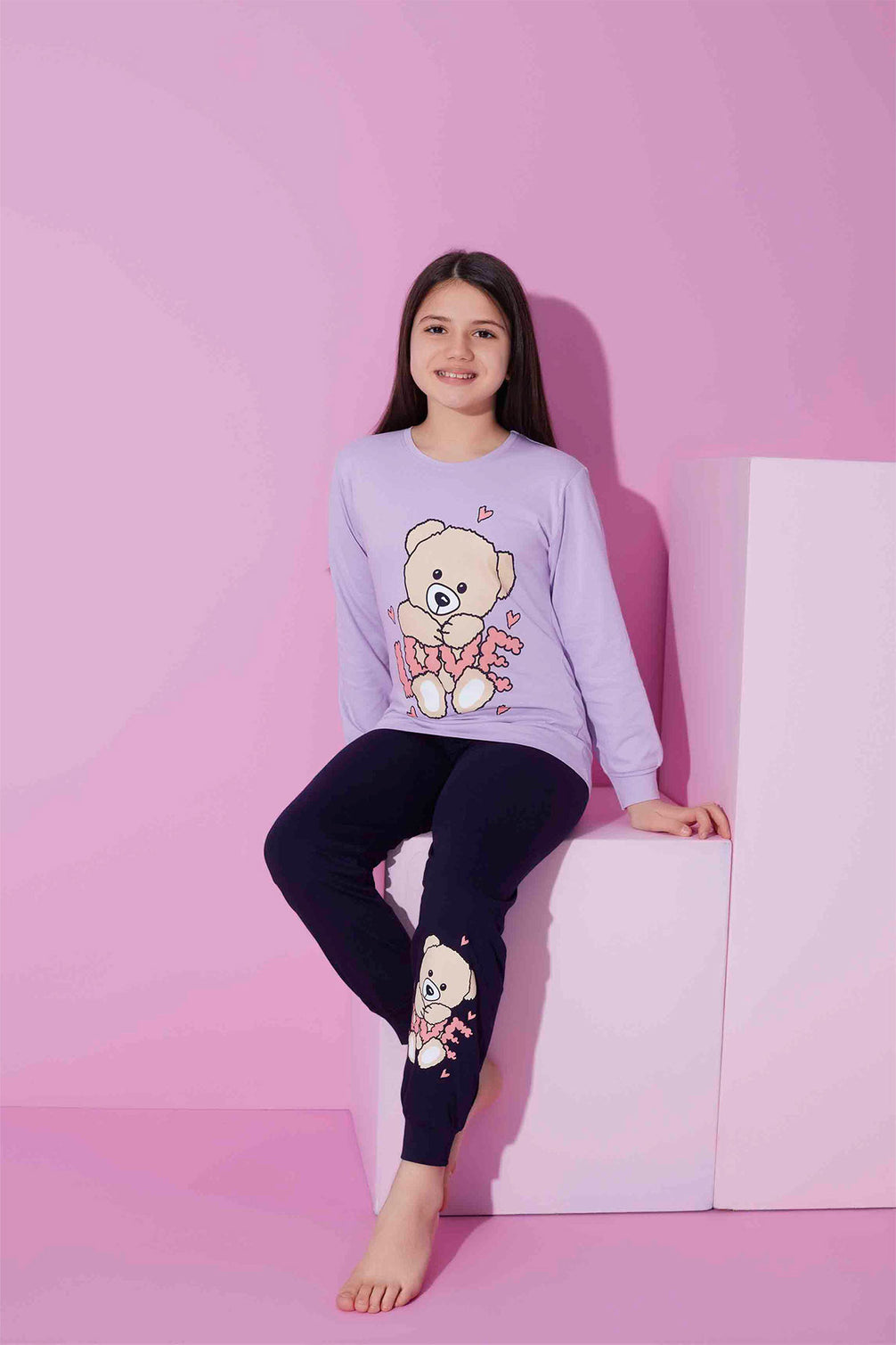 Pijamax Kız Çocuk Pijama Takımı Uzun Kollu Love Ayıcık Baskılı