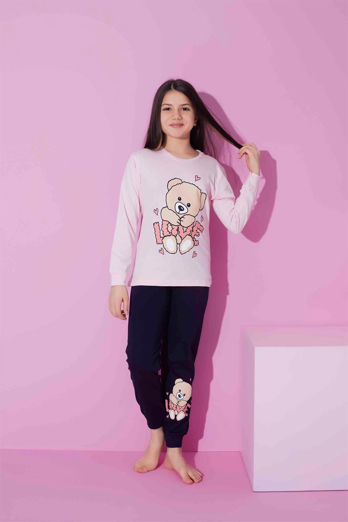 Pijamax Kız Çocuk Pijama Takımı Uzun Kollu Love Ayıcık Baskılı