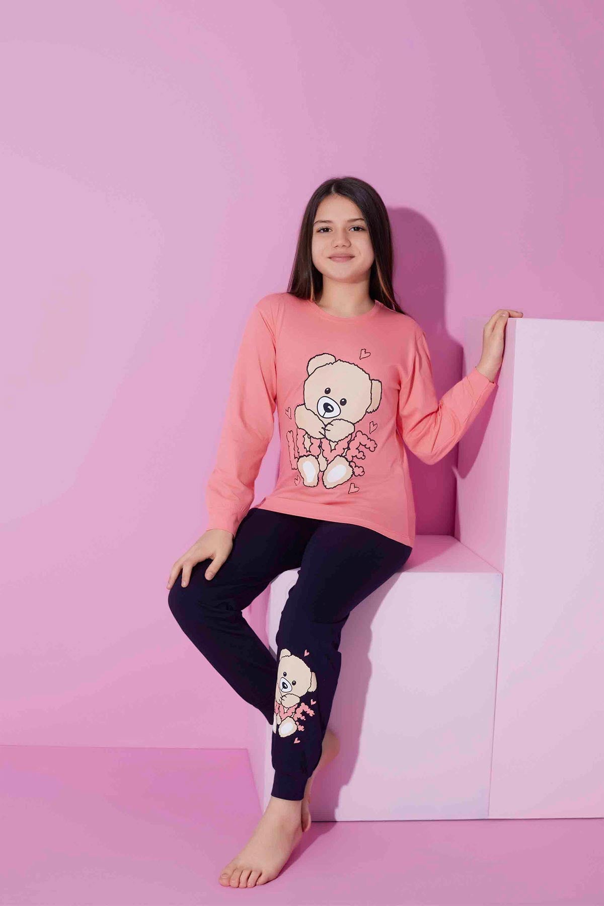 Pijamax Kız Çocuk Pijama Takımı Uzun Kollu Love Ayıcık Baskılı
