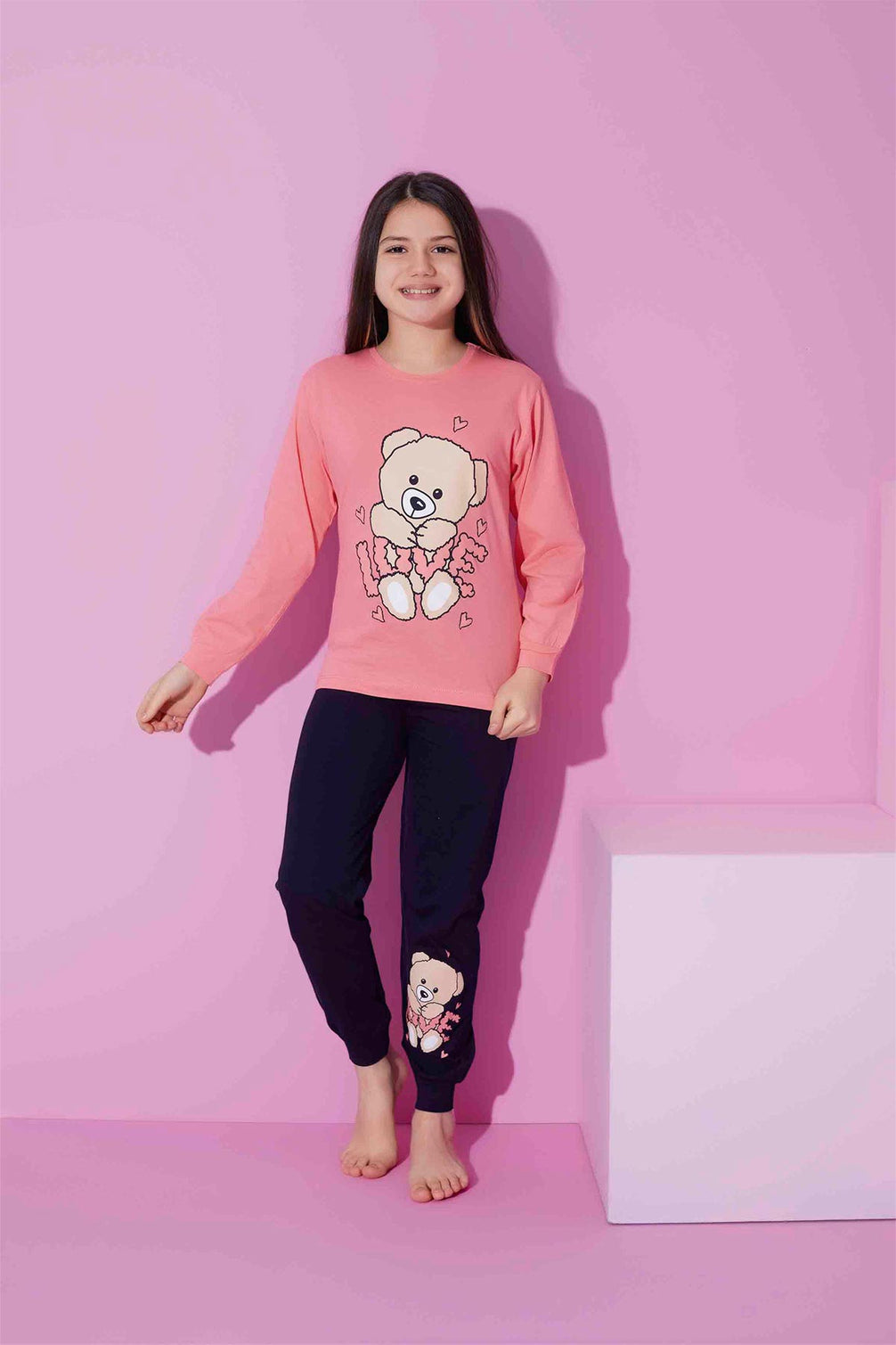 Pijamax Kız Çocuk Pijama Takımı Uzun Kollu Love Ayıcık Baskılı