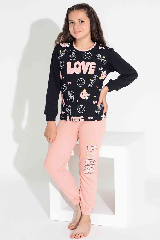 Pijamax Kız Çocuk Pijama Takımı Uzun Kollu Love Baskılı İnterlok