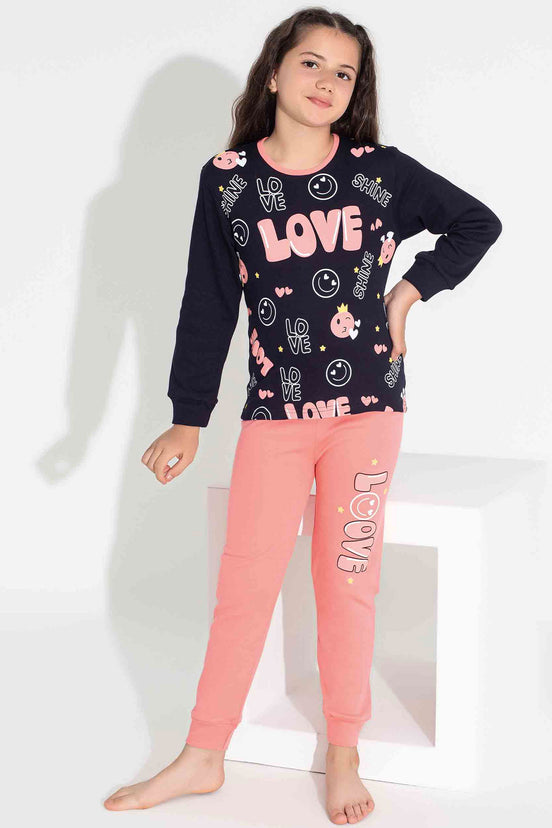 Pijamax Kız Çocuk Pijama Takımı Uzun Kollu Love Baskılı İnterlok