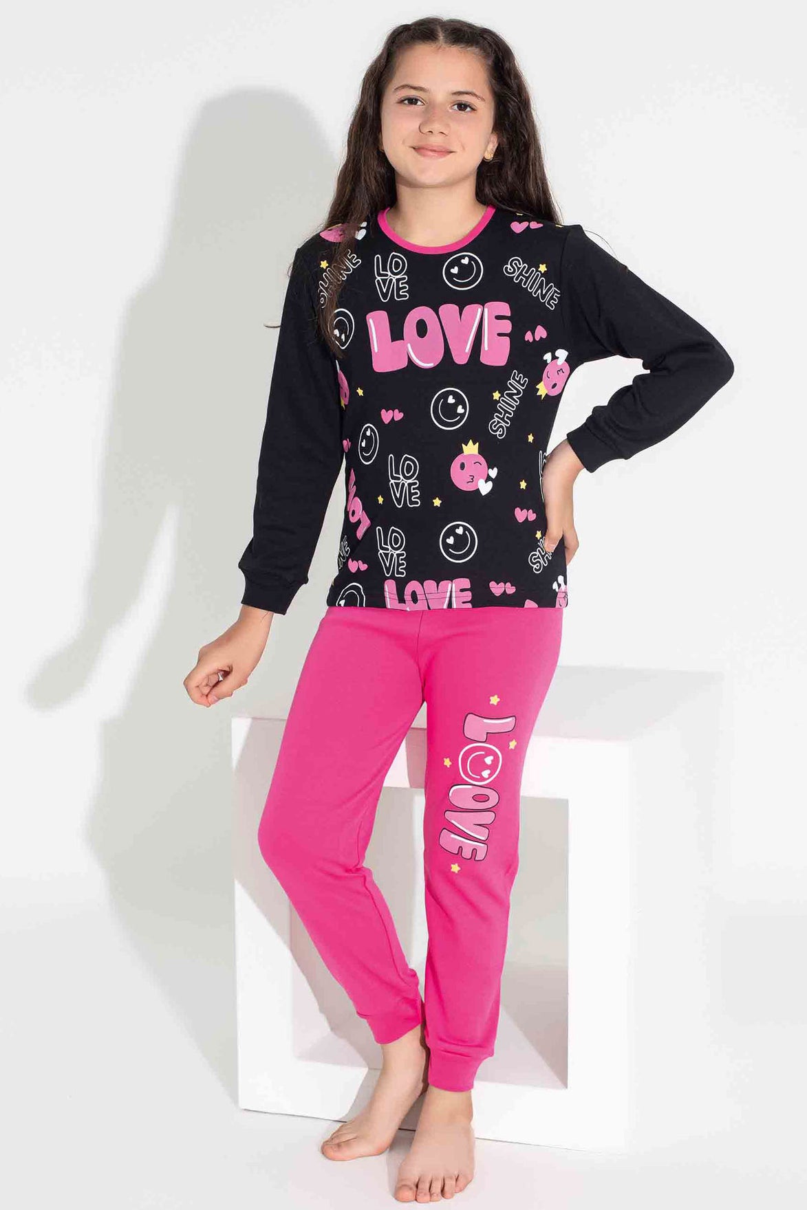 Pijamax Kız Çocuk Pijama Takımı Uzun Kollu Love Baskılı İnterlok