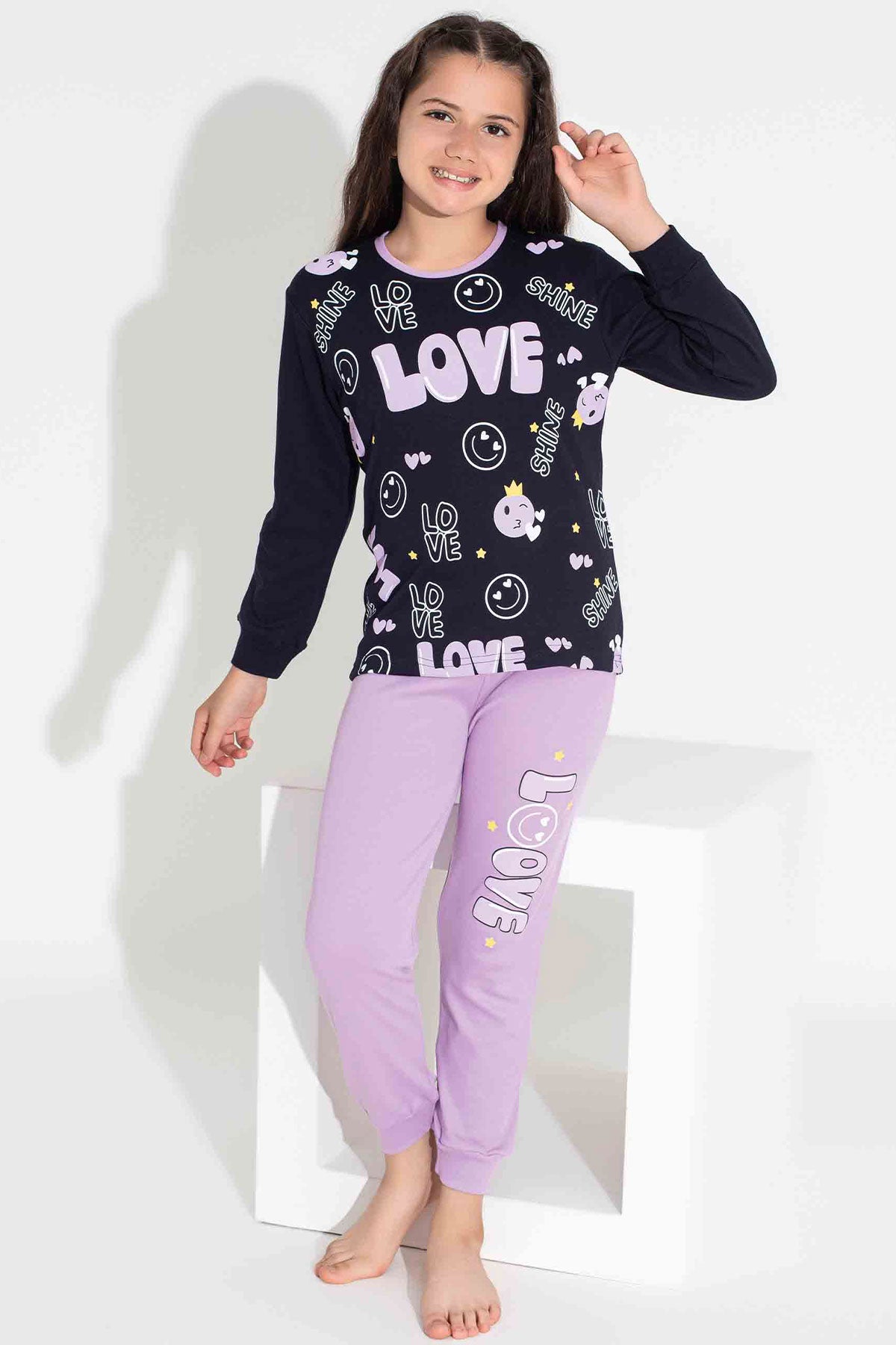 Pijamax Kız Çocuk Pijama Takımı Uzun Kollu Love Baskılı İnterlok