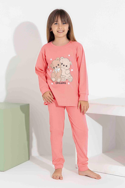 Pijamax Kız Garson Pijama Takımı Uzun Kollu Ayıcık Baskılı İnterlok Paça Manşetli