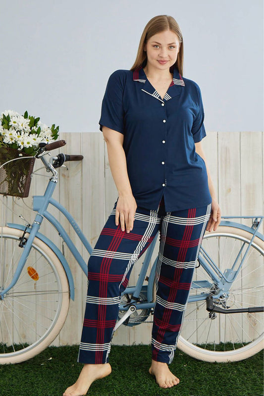 Pijamoni Kadın Büyük Beden Gömlek Yaka Pijama Takımı Kısa Kollu Milan Kumaş