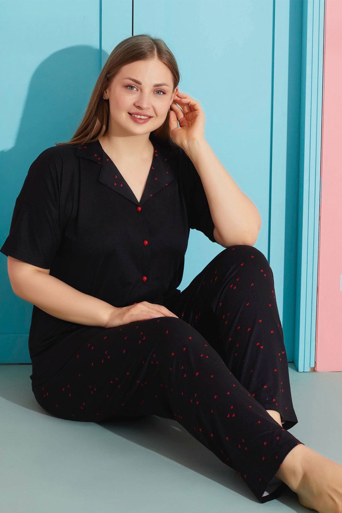 Pijamoni Kadın Büyük Beden Gömlek Yaka Pijama Takımı Kısa Kollu Milan Kumaş