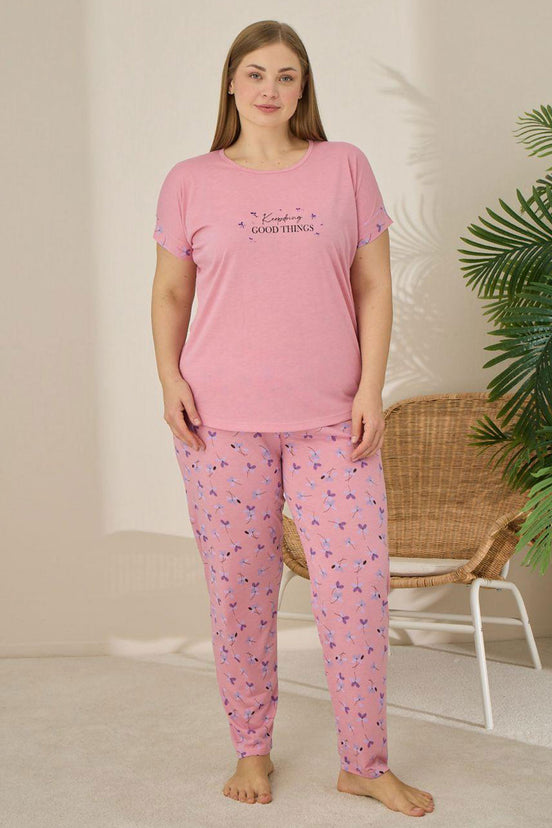 Pijamoni Kadın Büyük Beden Pijama Takımı Kıssa Kollu Çiçek Desenli