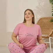Pijamoni Kadın Büyük Beden Pijama Takımı Kıssa Kollu Çiçek Desenli