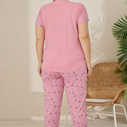 Pijamoni Kadın Büyük Beden Pijama Takımı Kıssa Kollu Çiçek Desenli