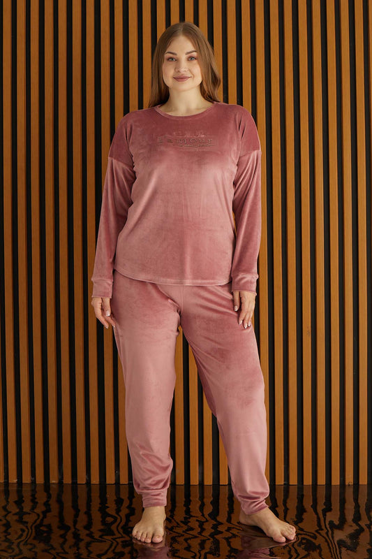 Pijamoni Kadın Büyük Beden Pijama Takımı Uzun Kollu Kadife Paça Manşetli Önü Yazılı