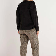 Pijamoni Kadın Büyük Beden Pijama Takımı Uzun Kollu Kadife Paça Manşetli Önü Yazılı Leopar