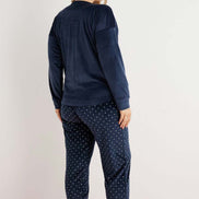 Pijamoni Kadın Büyük Beden Pijama Takımı Uzun Kollu Kadife Paça Manşetli Önü Yazılı Puantiyeli