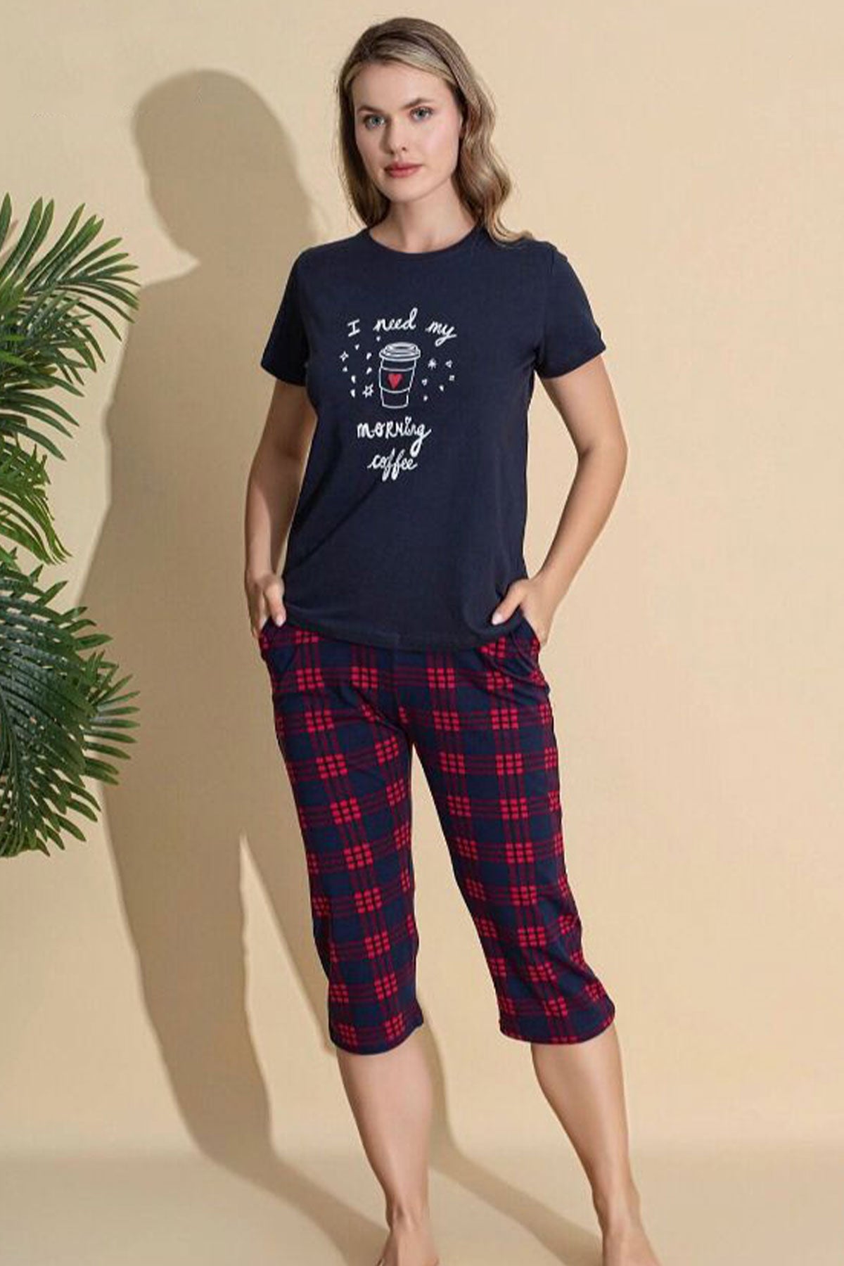 Pijamoni Kadın Kapri Takım Yazılı Altı Ekose Penye