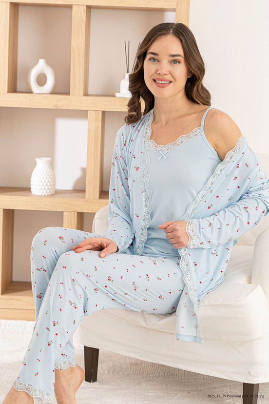 Pijamoni Kadın Pijama Sabahlık Takım İp Askılı Milan Yakası Kolları Paçası Dantelli Desenli